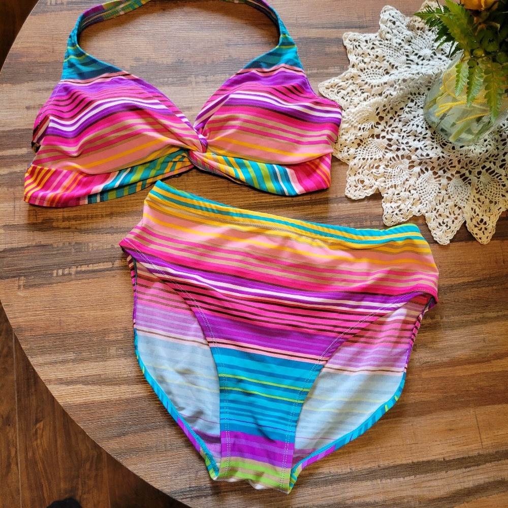 Womens 2 pc High Waist ISLANDER Bikini Swim suit sz 12 Rainbow Pink